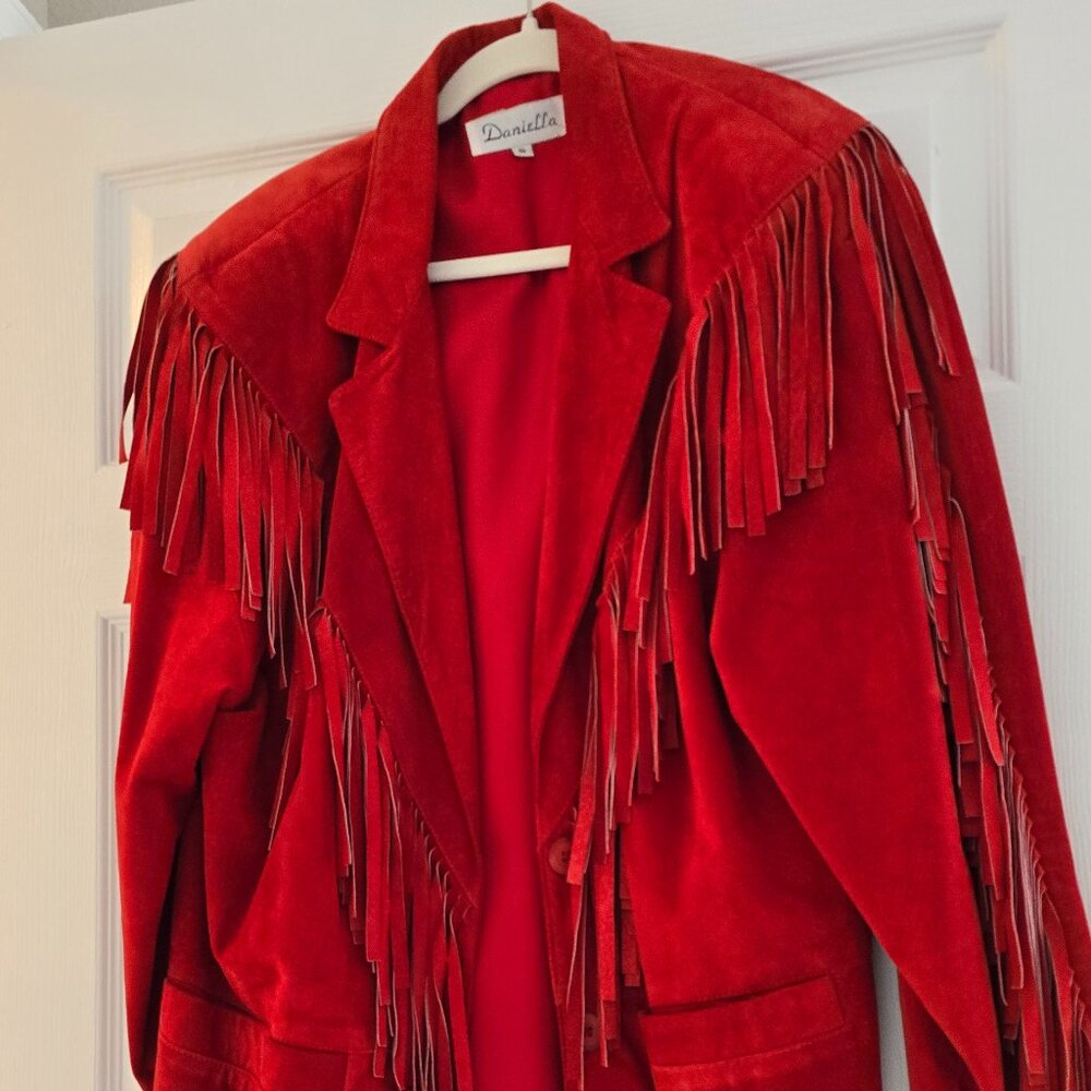 Red Suede Fringe Coat - Women's Size 14